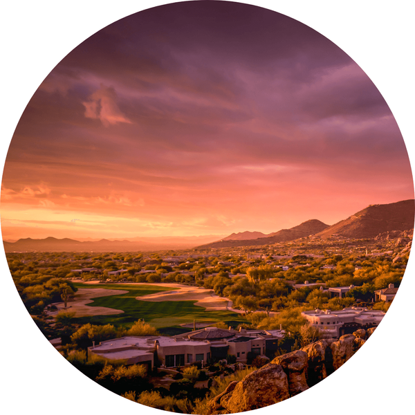 Beautiful sunset over suburban Phoenix with golf course view