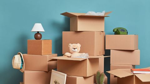 boxes piled up with different items
