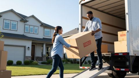 A couple loads boxes labeled fragile onto a moving truck from their suburban home.