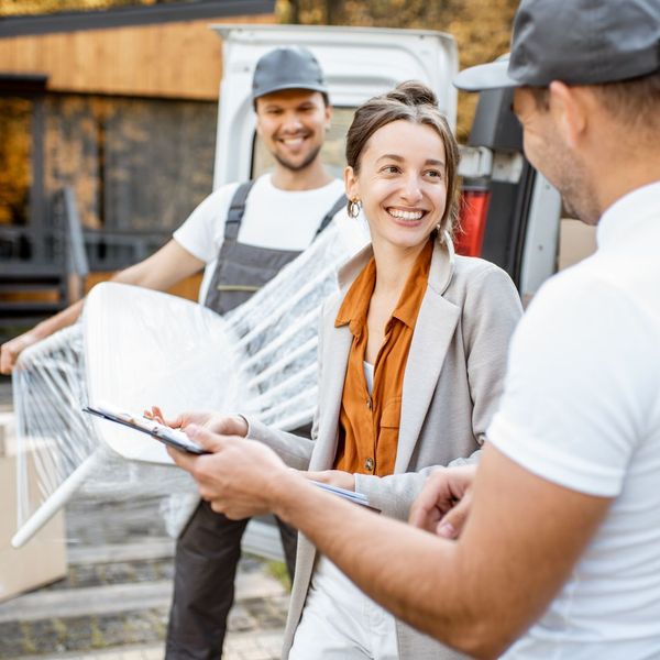 Woman talks with two movers