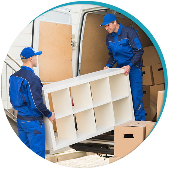 Two movers lifting a bookshelf into a truck