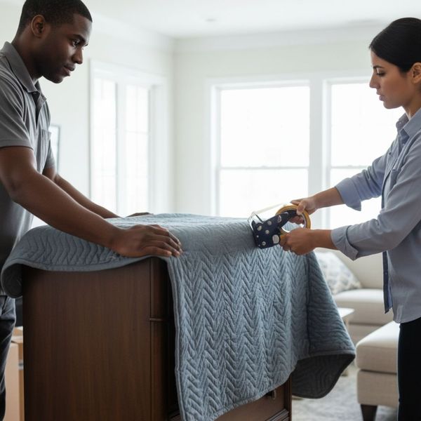 Two movers carefully wrap a dresser with a protective blanket and tape in a bright living room.