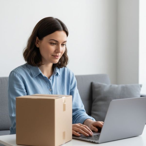 A woman sitting down on a laptop with a small cardboard box on the table beside her.