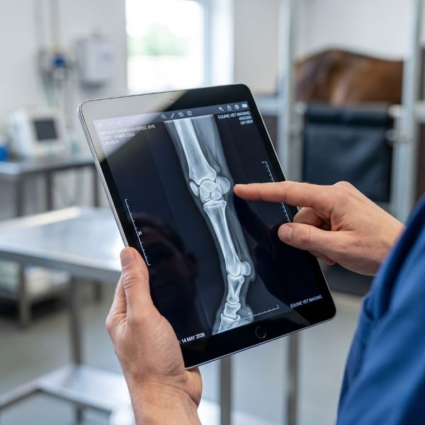 High-resolution digital radiograph of an equine limb used for precise lameness diagnosis and treatment planning.