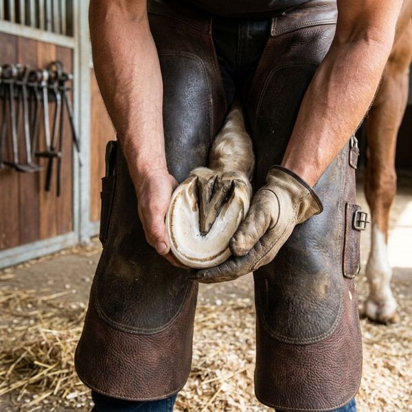 A clean, freshly trimmed horse hoof held securely by a farrier in leather chaps.