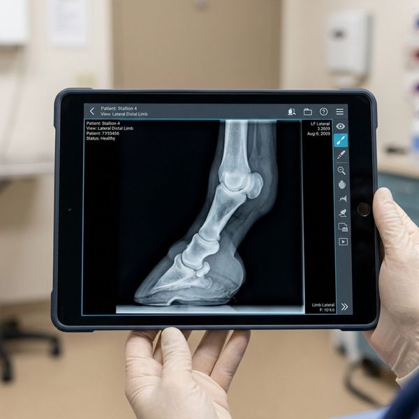 Digital x-ray showing a healthy equine lower limb on a tablet screen.
