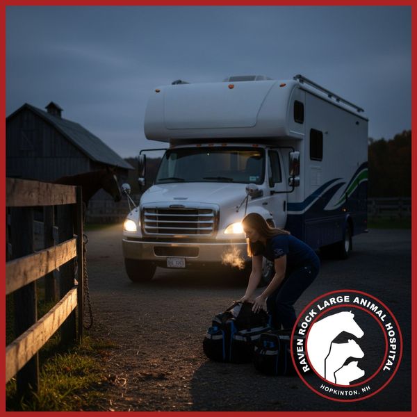 A dusk or early evening shot showing the headlights of the vet truck illuminating a paddock fence, with a vet gathering medical bags, representing 24/7 readiness and prompt response.