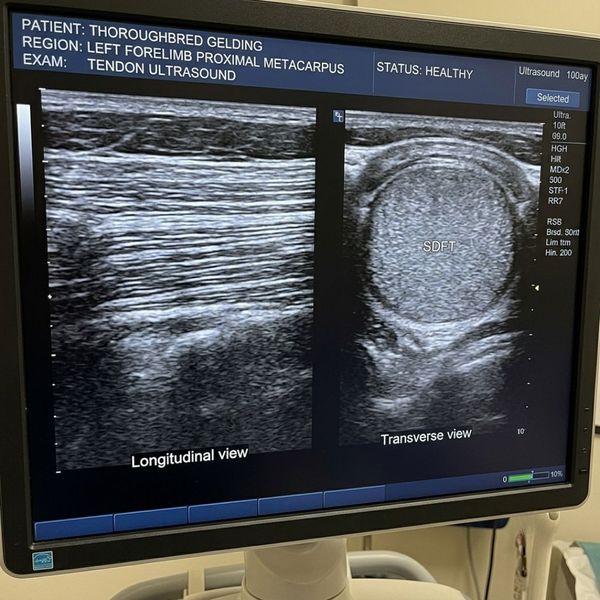 High-resolution ultrasound image of a healthy equine tendon on a modern monitor.