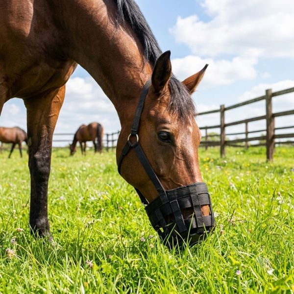 A happy horse wearing a protective grazing muzzle in a bright, lush spring pasture.