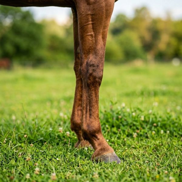Close up view of a healthy and strong equine knee joint standing on green grass.
