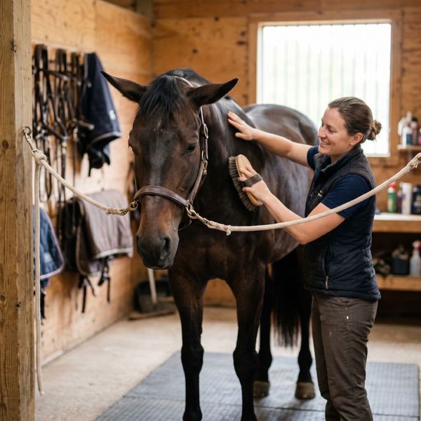 A relaxed horse being groomed, showing a peaceful expression and symbolizing freedom from physical discomfort.