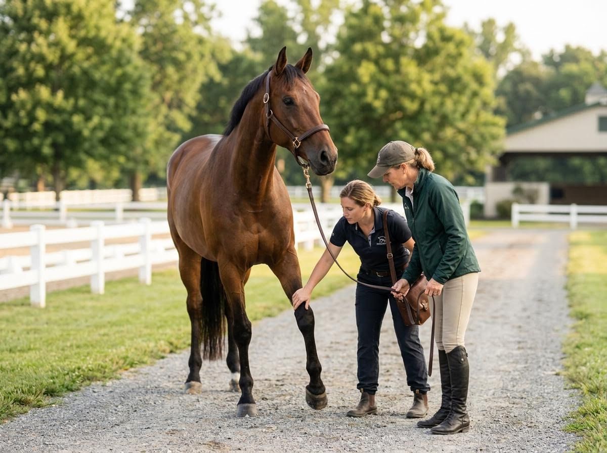 Equestrian Professionals Examining Horse Leg