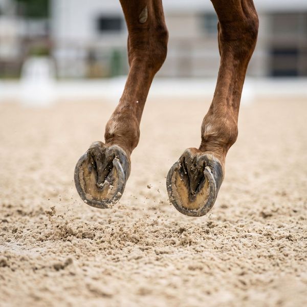 Close-up of horse hooves landing on arena footing, representing sound and balanced equine movement.