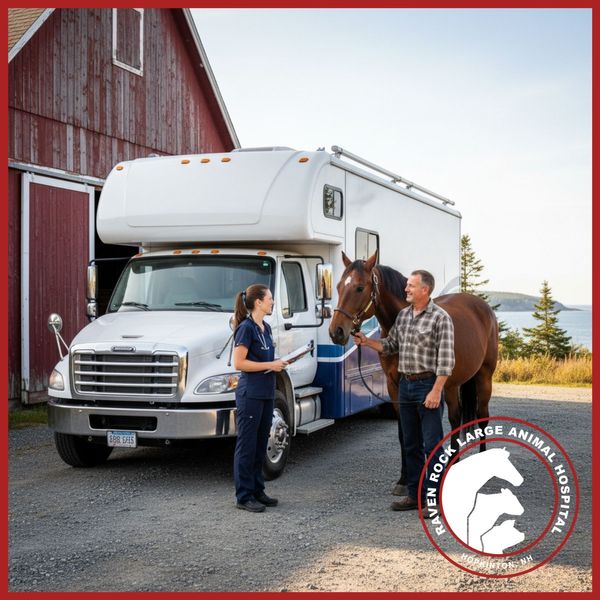 fessional shot of a veterinarian standing next to a mobile vet unit parked in front of a rustic barn in a coastal Maine setting, holding a clipboard and smiling at a client.