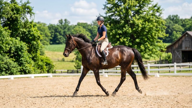 A healthy sport horse trotting gracefully in a sunlit outdoor arena, showcasing fluid movement and vitality.
