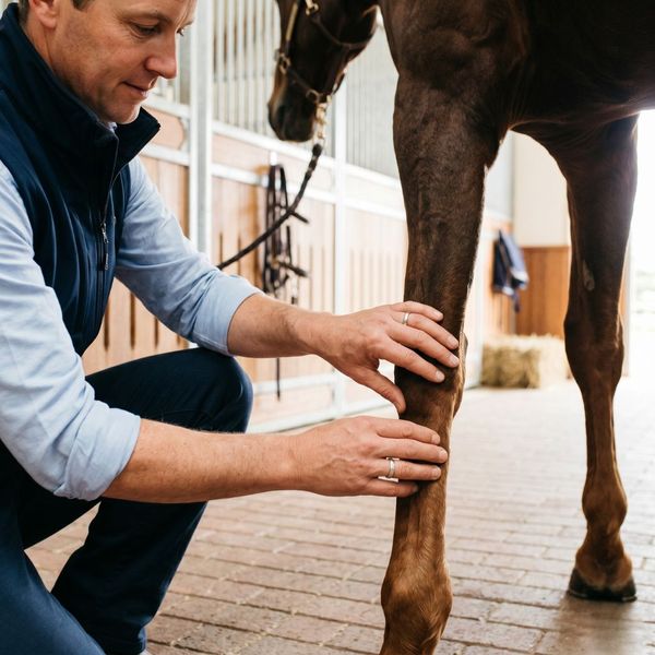 Veterinarian hands palpating a horse's leg to check for heat or swelling during a wellness exam.