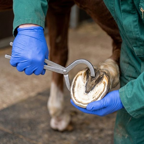 Close up view of hoof testers being used on a clean horse hoof in a barn.