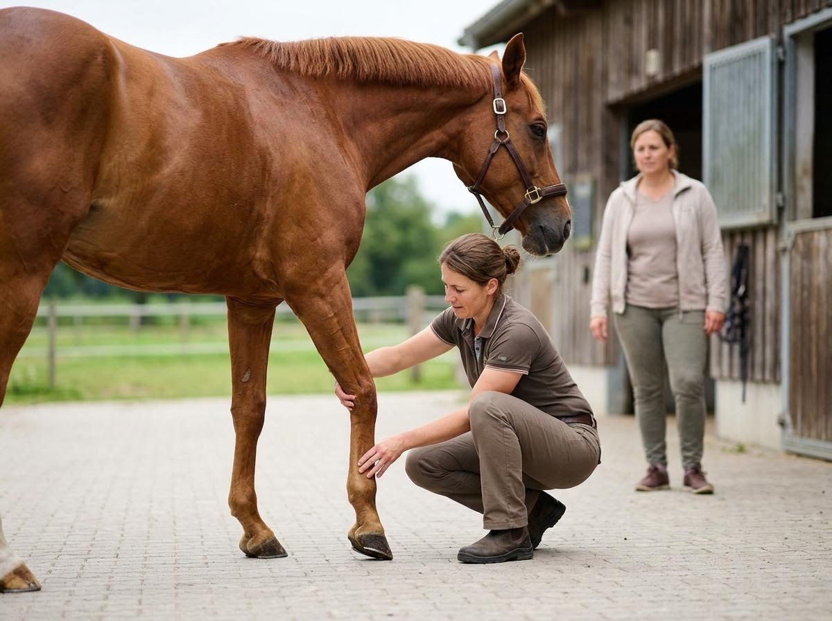 Woman Examining Horse's Front Leg at a Stable