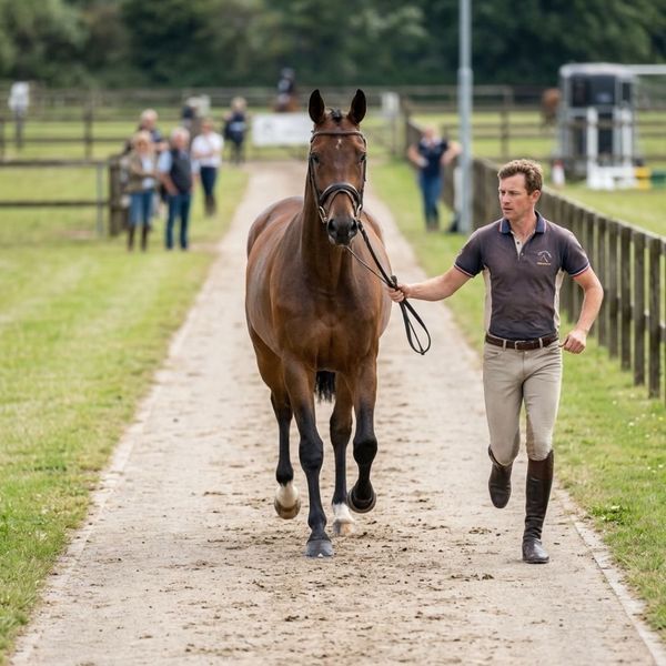 Handler trotting a healthy horse on a straight, firm path for observation.