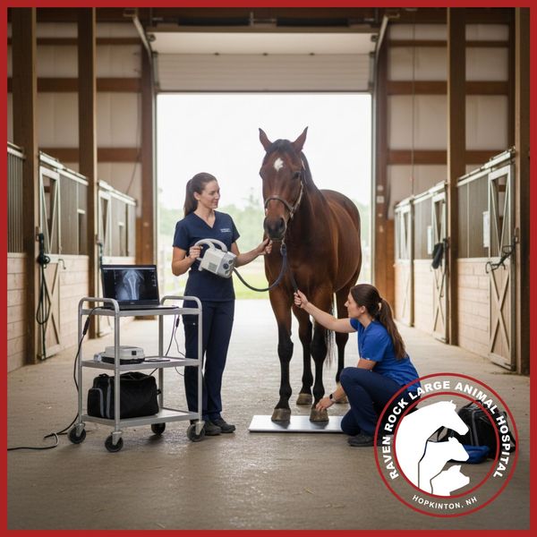 A photo showing the mobile vet team setting up portable digital x-ray equipment or ultrasound gear in a barn aisleway in Connecticut, emphasizing advanced on-site technology.