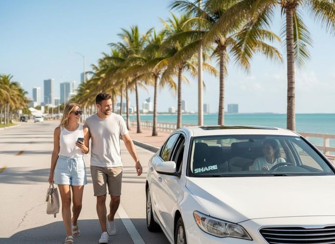 Couple walking past a shared car on a sunny, palm-lined street