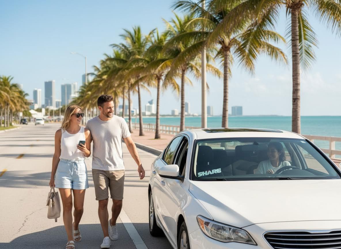 Couple walking past a shared car on a sunny, palm-lined street