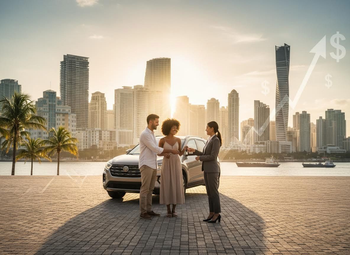 Couple Receiving Car Keys with City Skyline and Financial Growth Overlay