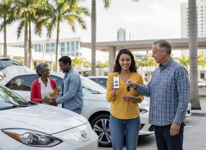 Woman Receiving Car Keys from Rental Service