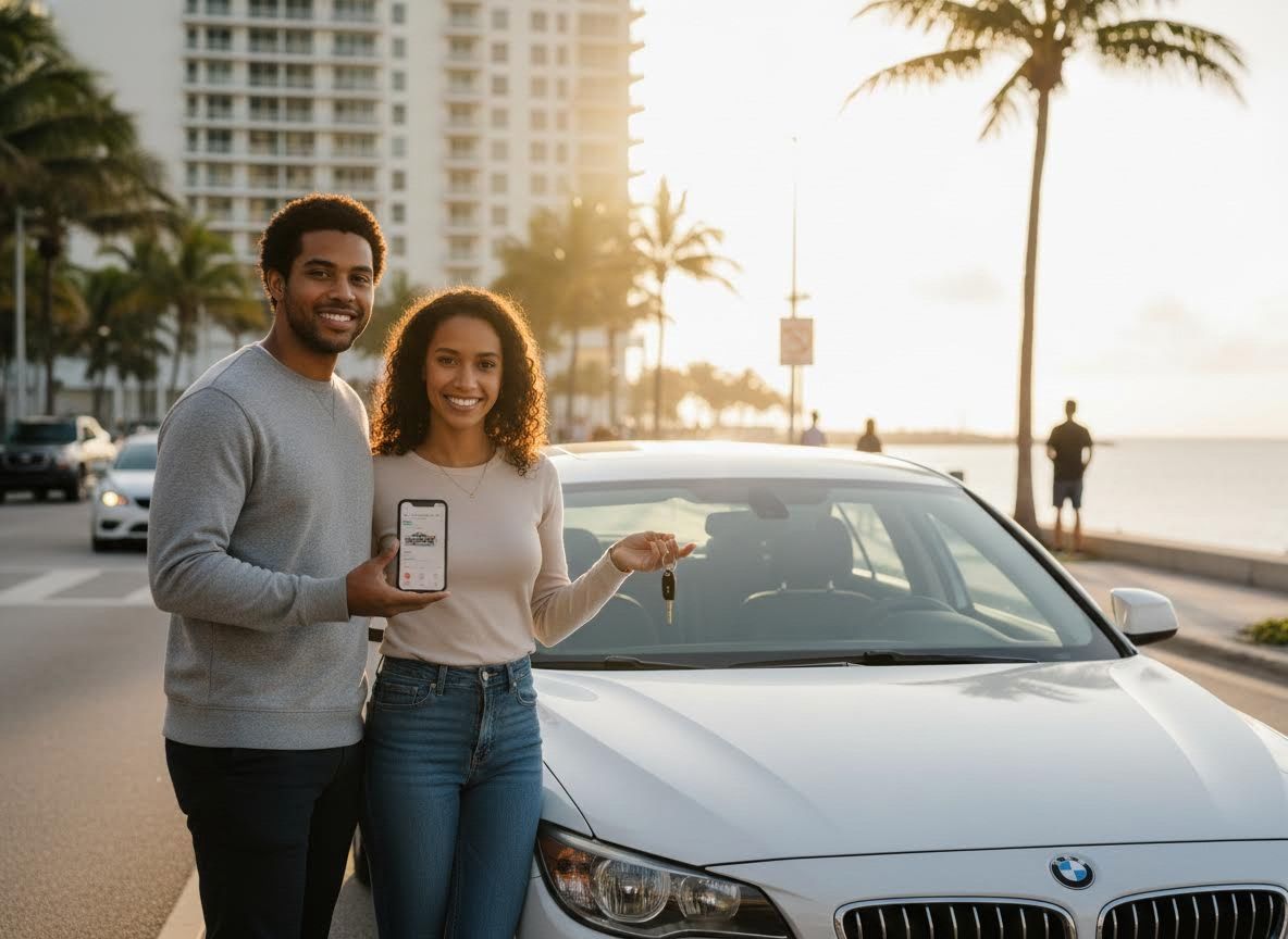 Happy couple with car keys and smartphone app