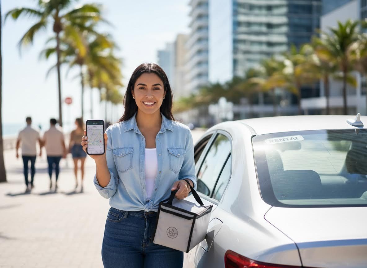 Smiling woman with map app on phone and delivery bag by rental car