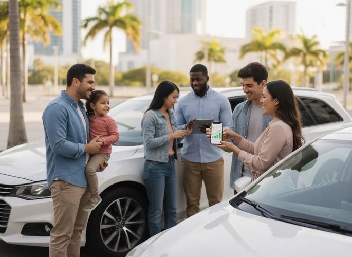 Diverse Group Discussing Financial Data with Mobile Devices Near Cars