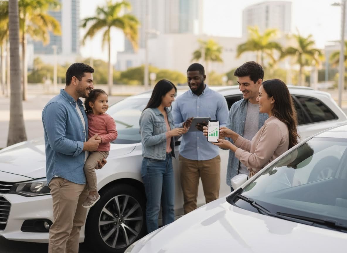 Diverse Group Discussing Financial Data with Mobile Devices Near Cars