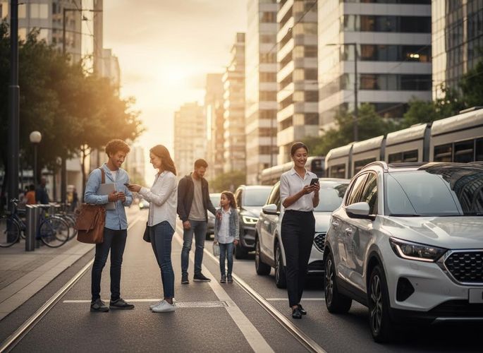 People using smartphones on a bustling city street