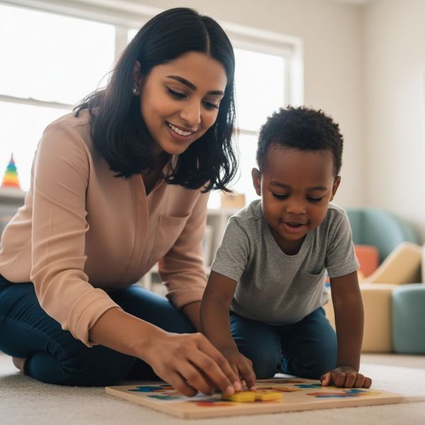 A smiling female teacher kneeling on the floor, helping a young Black boy with a colorful wooden puzzle. A smiling female teacher kneeling on the floor, helping a young Black boy with a colorful wooden puzzle.