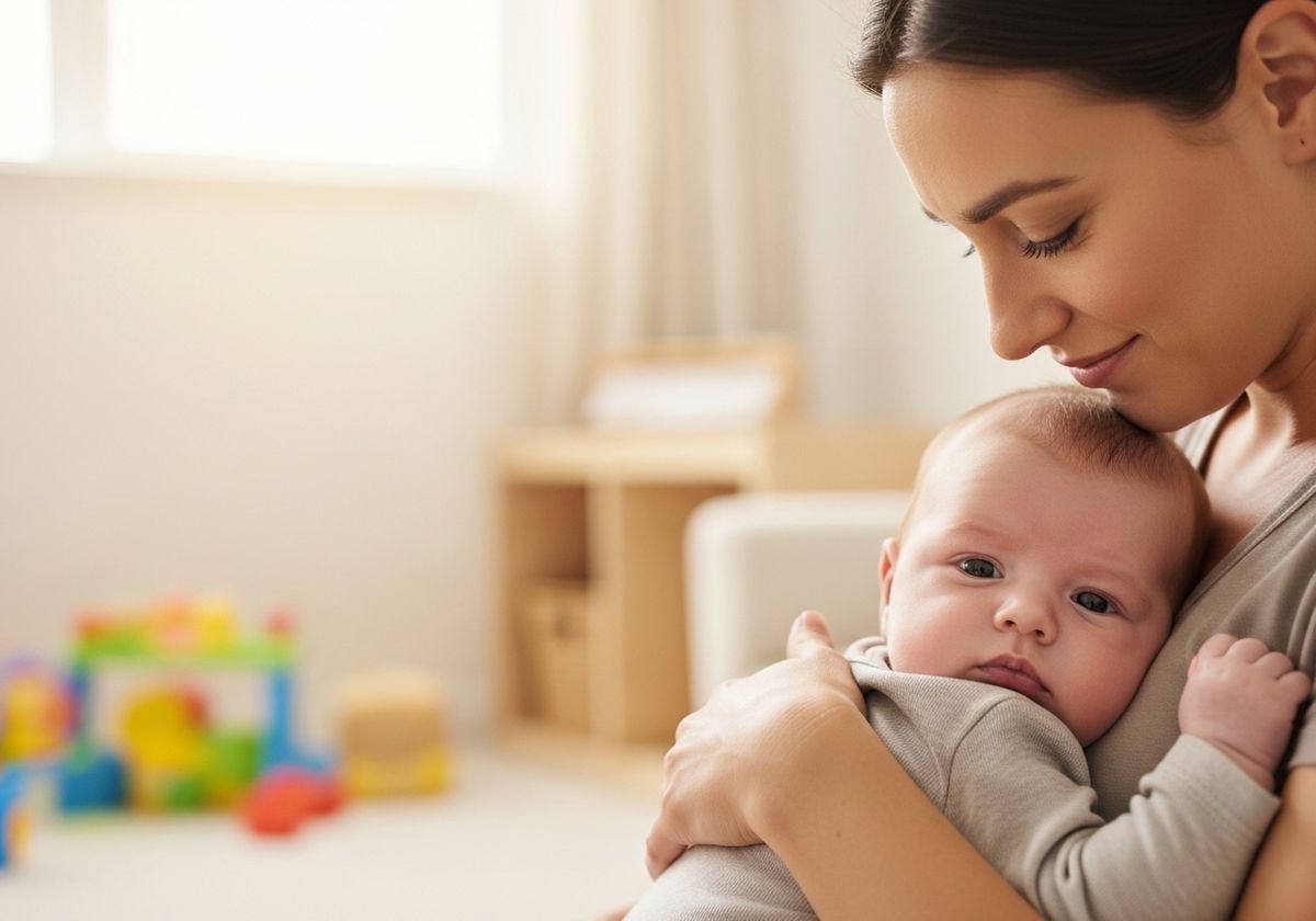 Mother holding baby in nursery