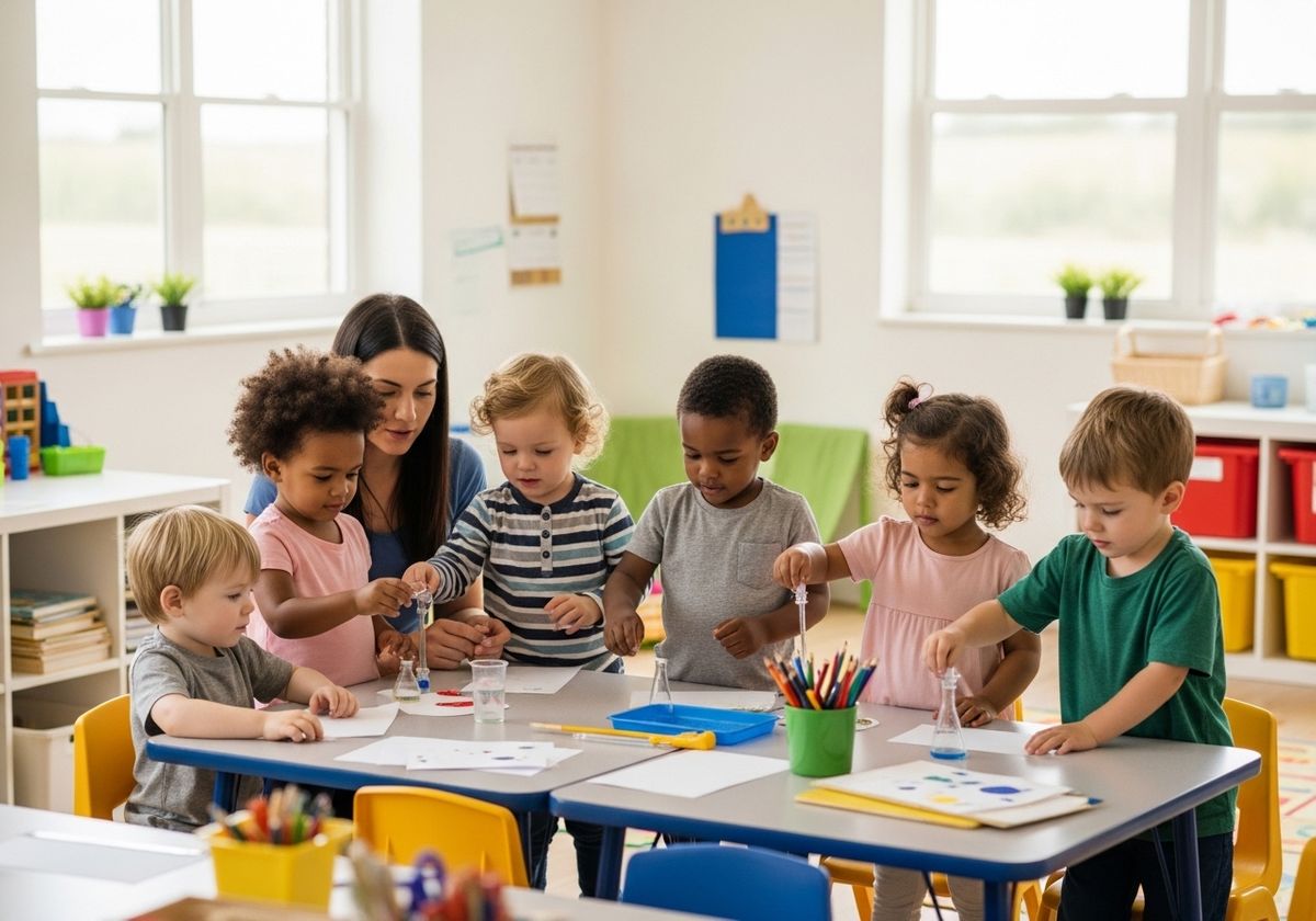 Preschoolers conduct science experiment with teacher in classroom