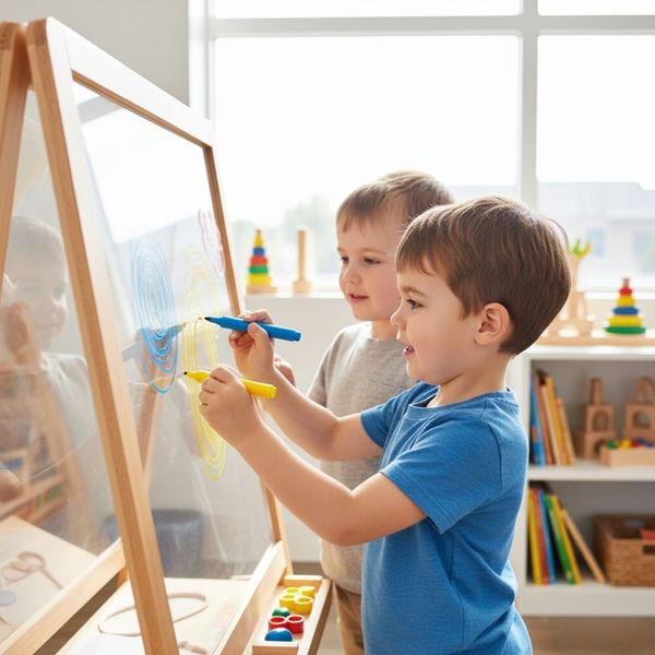 Two young boys drawing or painting on a clear easel with colored markers near a large window in a classroom. Two young boys drawing or painting on a clear easel with colored markers near a large window in a classroom.