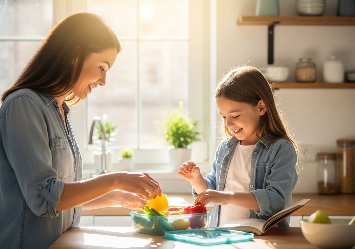 Mother and Daughter Preparing Vegetables in Kitchen