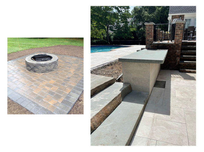 stone fire pit and stone steps to pool