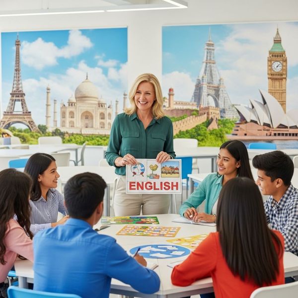 person teaching English to students from different cultures