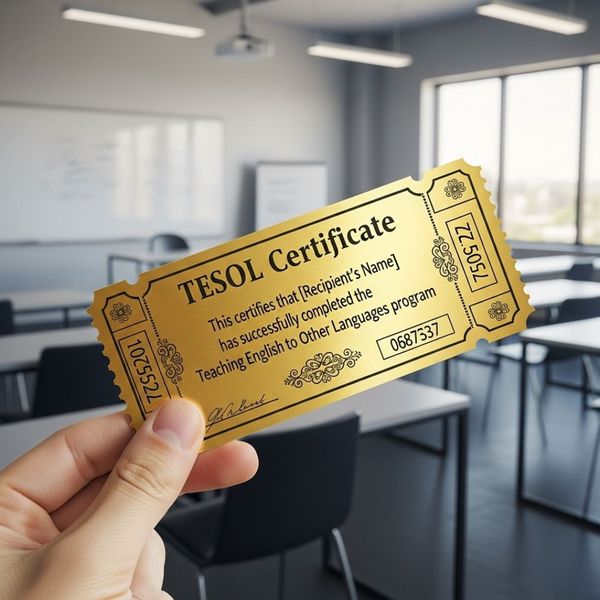 a hand holding a TESOL certificate that looks like a golden ticket, with a blurred classroom in the background