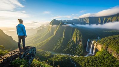 a person standing on a cliff overlooking a beautiful, exotic landscape