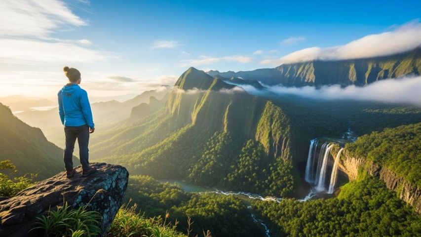 a person standing on a cliff overlooking a beautiful, exotic landscape