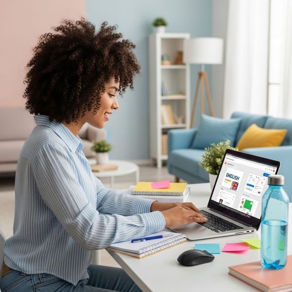 a student learning English on a laptop at home