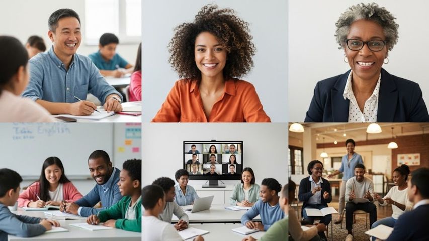 A diverse group of happy people teaching English in different settings