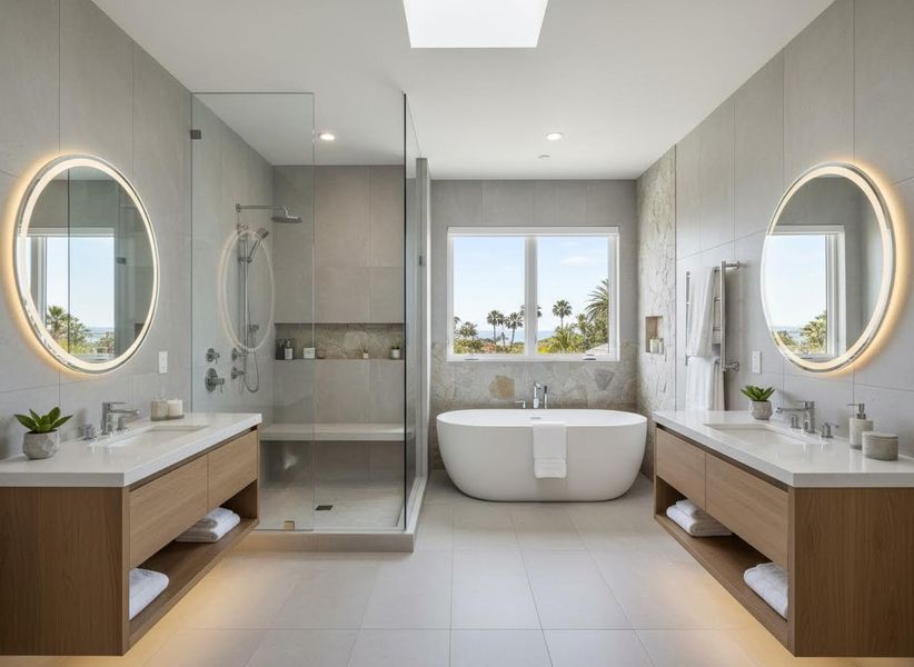 Modern Bathroom with Ocean View and Dual Vanities