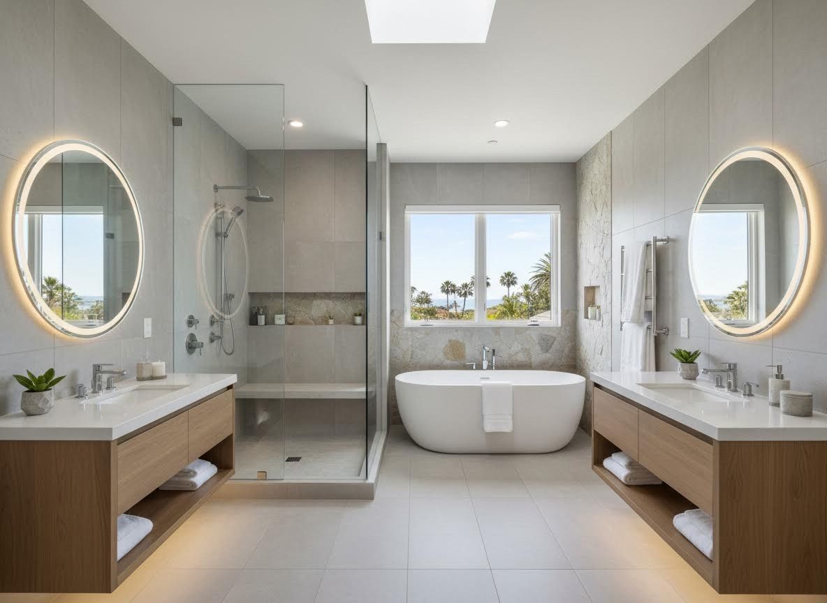 Modern Bathroom with Ocean View and Dual Vanities