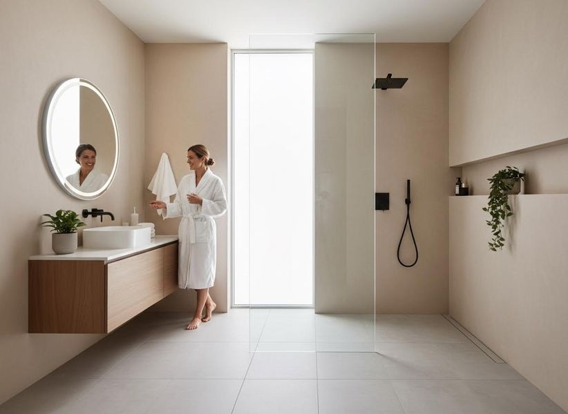 Woman in white bathrobe in modern minimalist bathroom