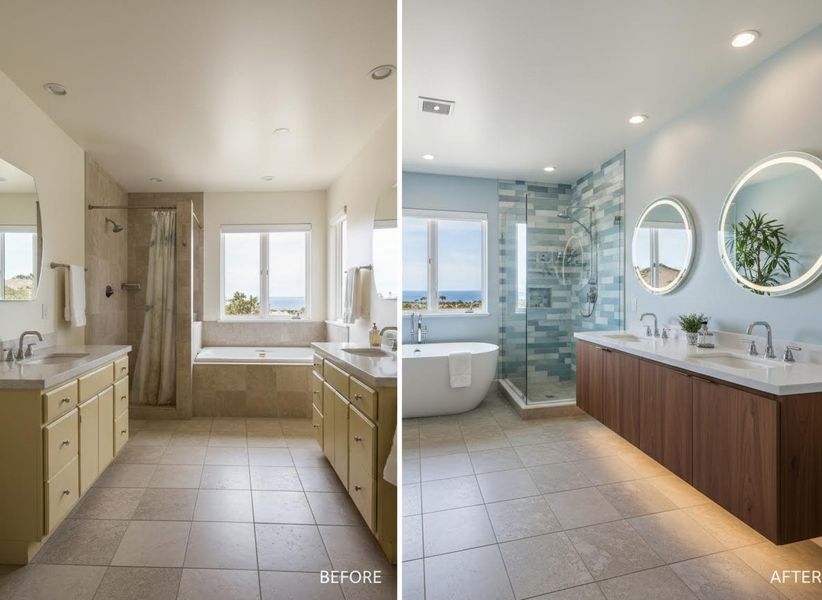 Bathroom Before and After Remodel with Ocean View