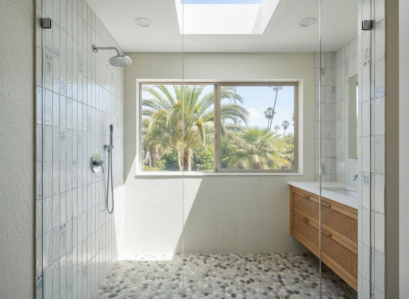 Modern Bathroom with Walk-in Shower, Pebble Floor, and Tropical View